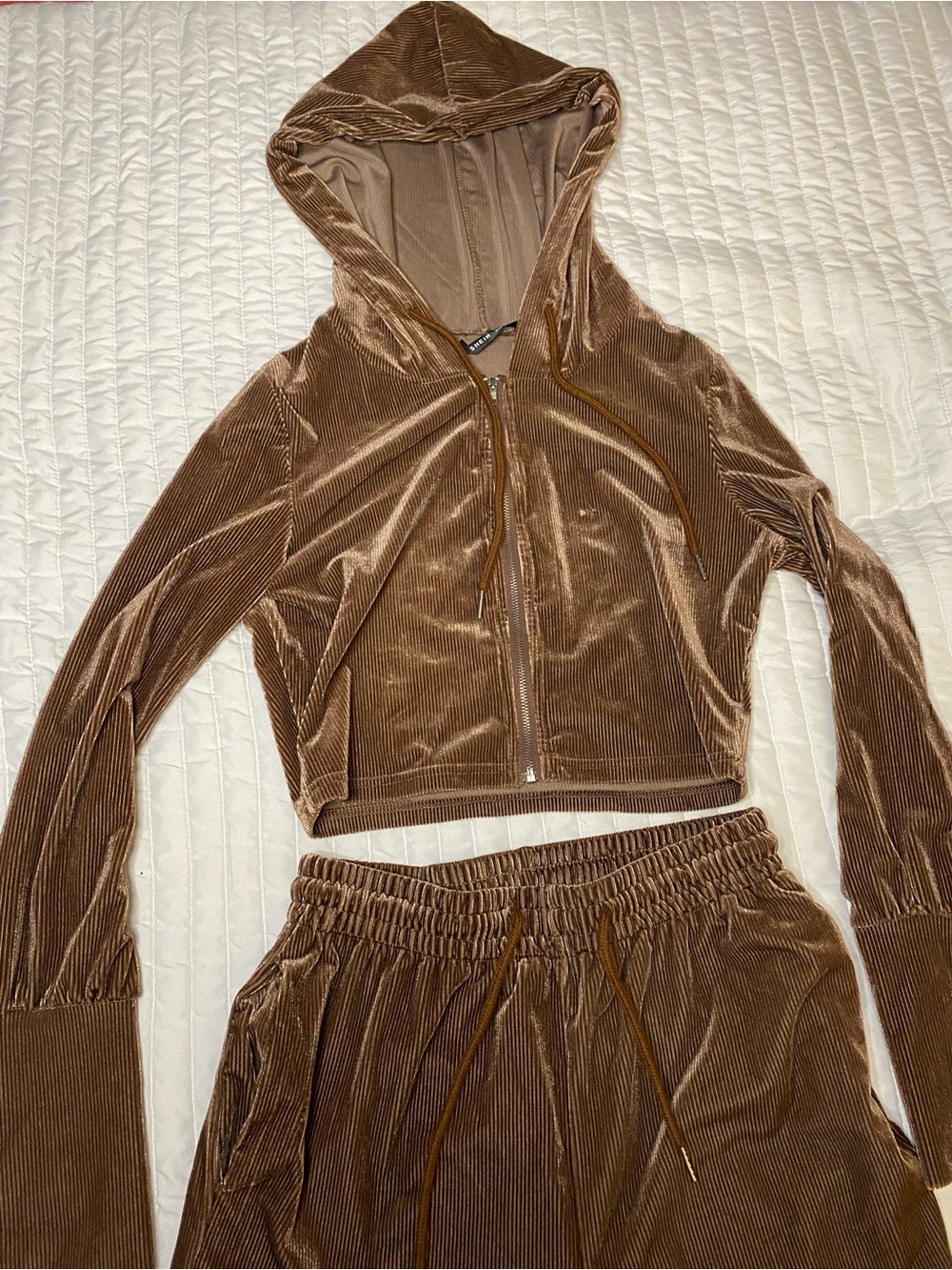 SHEIN Brown Velour Cropped Hoodie & Jogger Lounge Set